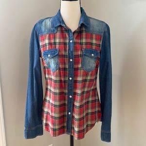 Denim snap front western plaid cotton shirt coastal cowgirl rodeo horse grunge